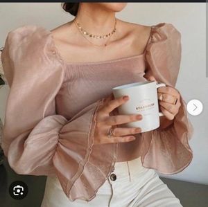 Zara Blush Sheer Puff-Sleeve Square-Neck Top